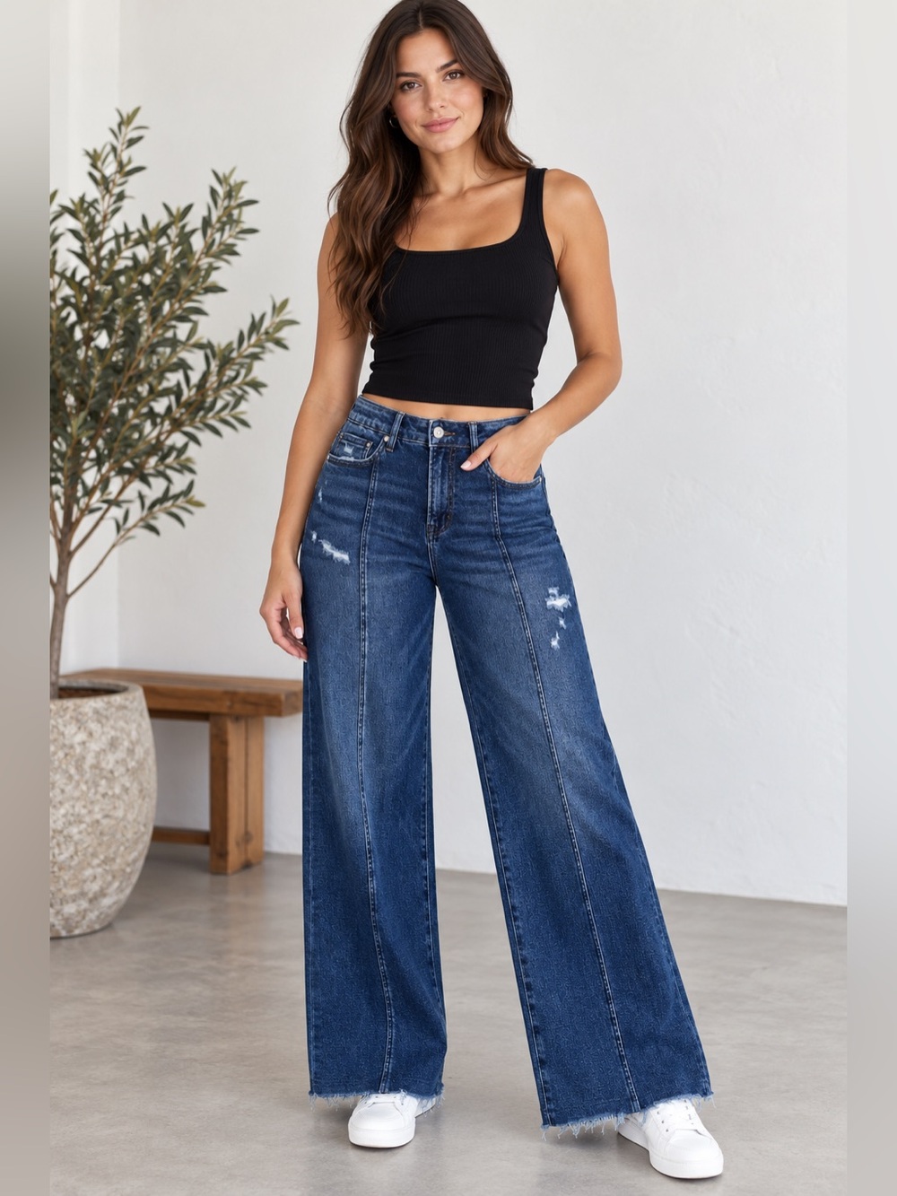 Wide Leg Distressed High-Rise Jeans - Dark Blue Sz 29 A23